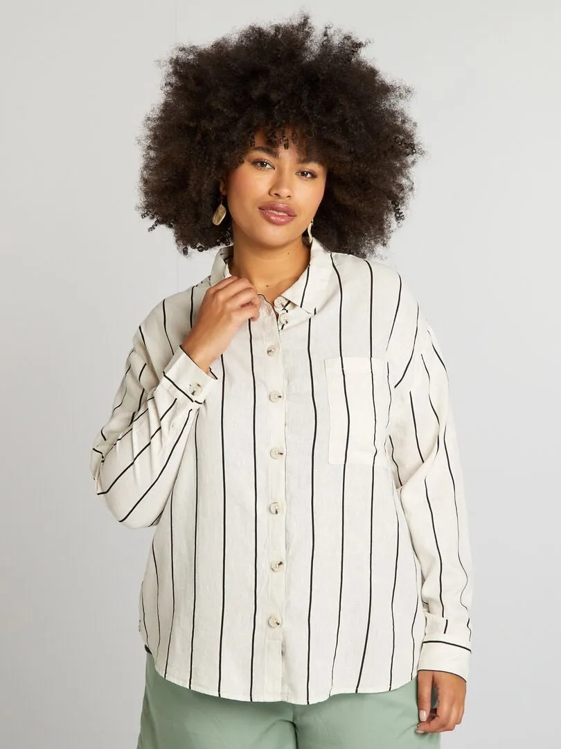 Camisa de mezcla de lino a rayas - BEIGE