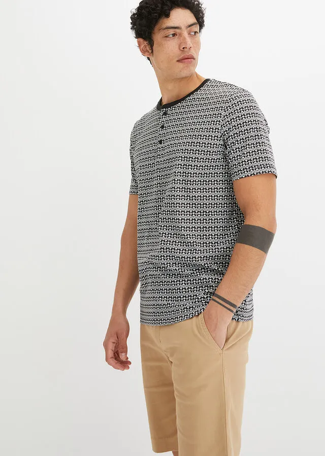 Camiseta con cuello henley Negro-blanco lana