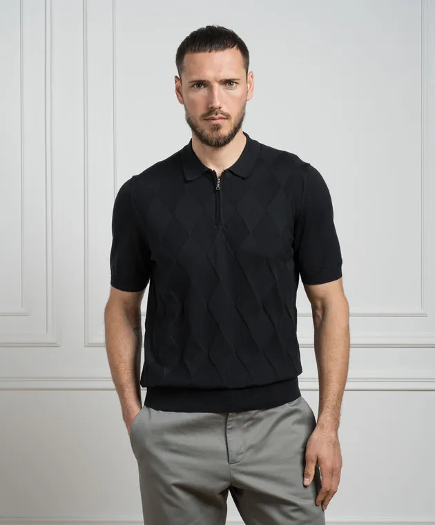 Cashmere&Whiskey Black silk and cashmere polo with a textured pattern