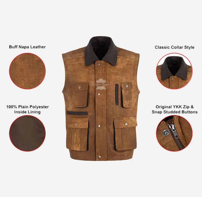 KOBON Men's Tan Leather Vest Leather Fisherman Gilet