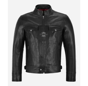 MIGUEL TRUCKER Biker LEATHER JACKET MEN'S Black Cow Leather Jacket
