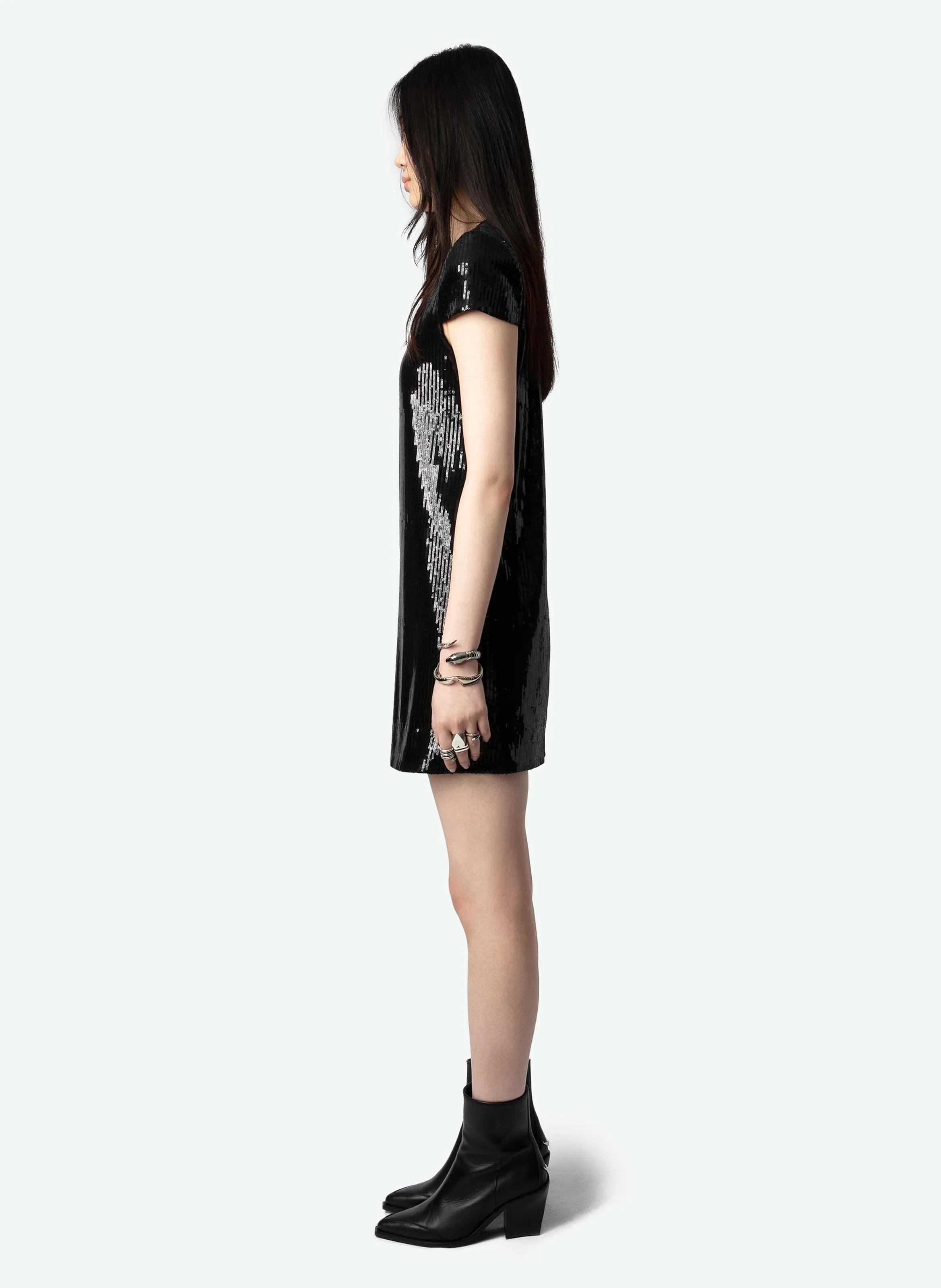 RASHU - Vestido corto de lentejuelas de algodón orgánico mezclado en negro