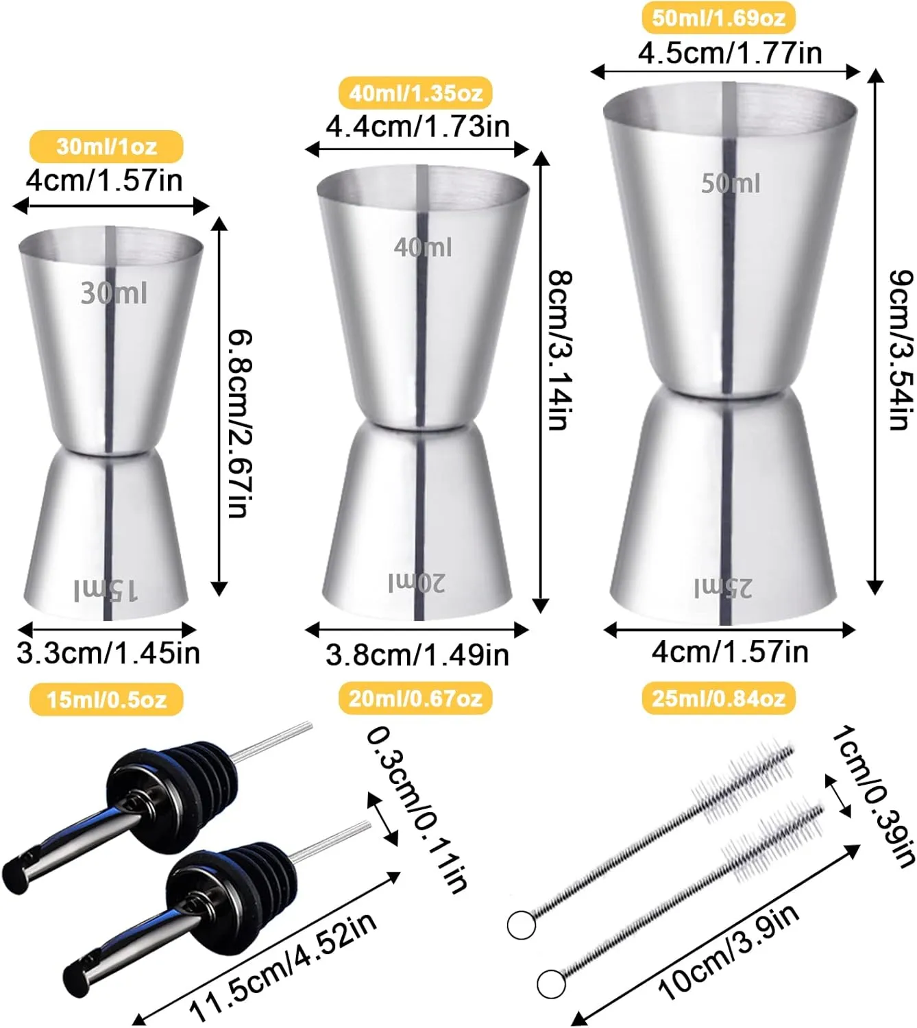 RUIJIE® 3 Pcs Vaso Medidor Cocktail Double Cara Acero Inoxidable 15ml,20ml,25ml,30ml,40ml,50ml Vaso Medidor para Cócteles Jigger